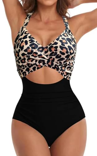 Eomenie Damen-Badeanzug, Einteiler, Bauchkontrolle, hohe Taille, Ausschnitt, Wickelband im Rücken, 1 Stück, Leopard, Medium von Eomenie