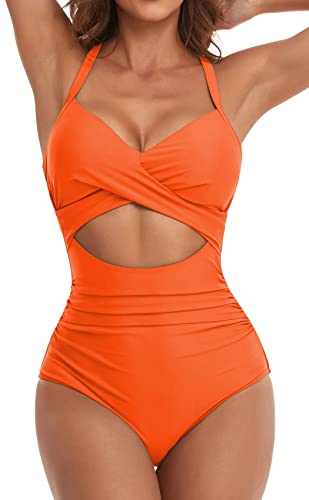 Eomenie Damen-Badeanzug, Einteiler, Bauchkontrolle, hohe Taille, Ausschnitt, Wickelband im Rücken, 1 Stück, Orange-1, Large von Eomenie