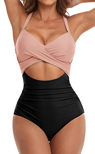 Eomenie Damen-Badeanzug, Einteiler, Bauchkontrolle, hohe Taille, Ausschnitt, Wickelband im Rücken, 1 Stück, schwarz/pink, XL von Eomenie