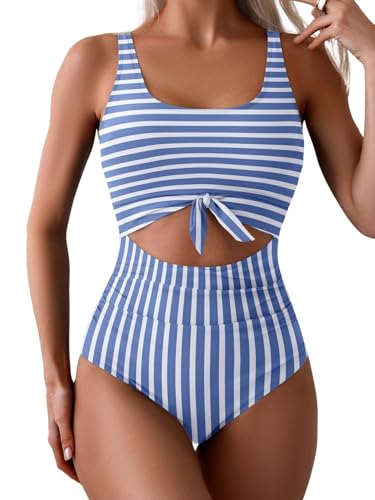 Eomenie Damen Badeanzug mit Bauchkontroll-Effekt, schlankmachender Einteiler mit Ausschnitt und Knoten von Eomenie