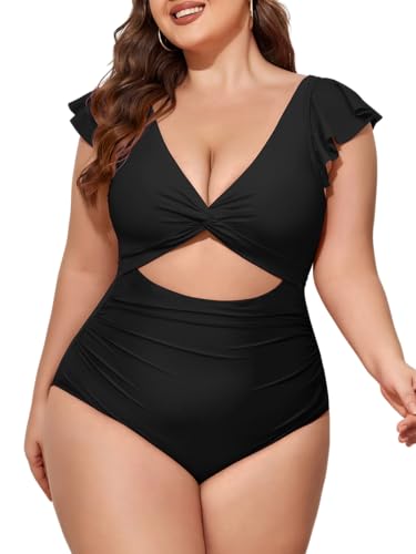 Eomenie Damen Plus Size One Piece Badeanzüge Bauchkontrolle V-Ausschnitt Ausschnitt Badeanzug Twist Front Rüschen Bademode, Schwarz, XX-Large von Eomenie