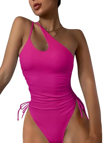 Eomenie Damen Sexy One Shoulder One Piece Badeanzug High Cut Badeanzüge Tie Side Tummy Control Brazilian Bademode, Knallpink (Hot Pink), Large von Eomenie