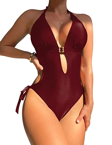 Eomenie Einteiliger Badeanzüge für Frauen Ausschnitt Raffhalter und Seite Monokini Neckholder Badeanzüge Plunge Schlankheits Bademode, Weinrot, Medium von Eomenie