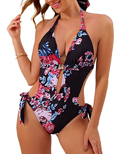 Eomenie Einteiliger Badeanzüge für Frauen Ausschnitt Raffhalter und Seite Monokini Neckholder Badeanzüge Plunge Schlankheits Bademode, Z-Print #1, XX-Large von Eomenie