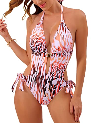 Eomenie Einteiliger Badeanzug für Damen, Ausschnitt, Raffung hinten und Seiten, Monokini, Neckholder, Badeanzüge, Orange/Abendrot im Zickzackmuster (Sunset Chevron), Large von Eomenie