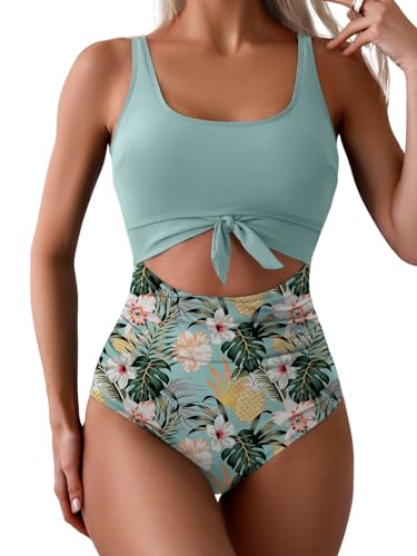 Eomenie Einteiliger Damen-Badeanzug, Bauchkontrolle, schlankmachender Badeanzug, Cutout, Knoten, Bademode, Grüner Druck, XL von Eomenie