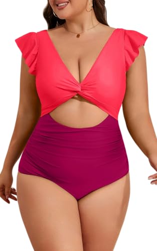 Eomenie Einteiliger Damen-Badeanzug, Übergröße, Bauchkontrolle, V-Ausschnitt, Ausschnitt, Twist-Front, Rüschen-Bademode, Farbblock-06, 4X-Large von Eomenie