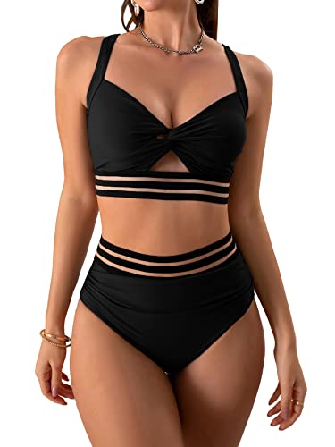 Eomenie Zweiteilige Badeanzüge Bauchkontrolle Twist Hollow Bikini Sets Hohe Taille Criss Cross 2-teilige Badeanzüge, Schwarz, XL von Eomenie