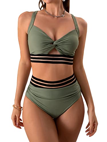 Eomenie Zweiteilige Badeanzüge mit Bauchweg-Effekt und Twist, Bikini-Set mit hoher Taille, gekreuzte Träger, Grün (Army Green), Large von Eomenie