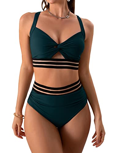 Eomenie Zweiteilige Badeanzüge mit Bauchweg-Effekt und Twist, Bikini-Set mit hoher Taille, gekreuzte Träger, Grün 1, S von Eomenie