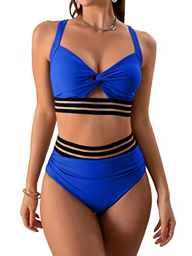 Eomenie Zweiteilige Badeanzüge mit Bauchweg-Effekt und Twist, Bikini-Set mit hoher Taille, gekreuzte Träger, Marineblau, Medium von Eomenie