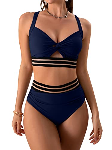 Eomenie Zweiteilige Badeanzüge mit hoher Taille, Bauchkontrolle, hohl, Bikini-Sets, Criss Cross Twist, 2-teilige Badeanzüge, Dunkelblau, S von Eomenie