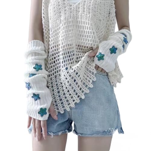 Y2K gestrickte Armstulpen für Damen und Teenager, japanische Harajuke, Cosplay, Stern, Lolita, niedlich, fingerlos, Daumenloch, Weiss/opulenter Garten, Einheitsgröße von Eominve