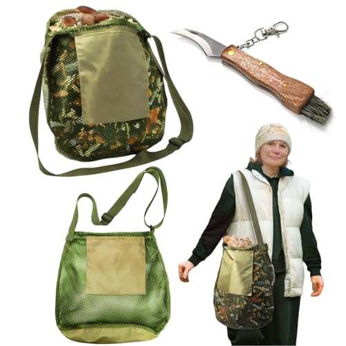 Eorbow Futtertasche mit Messer, 43,2 x 40,6 cm, 2-teiliges Pilzernt-Set, großer Futterkorb mit scharfem Pilzmesser, Pflücktasche mit verstellbarem Riemen für Pilzdekor-Liebhaber von Eorbow
