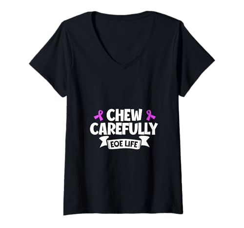 Damen Vorsichtig kauen - EOE Alltag T-Shirt mit V-Ausschnitt Damen Vorsichtig kauen - EOE Alltag T-Shirt mit V-Ausschnitt von Eosinophile Ösophagitis Awareness Designs