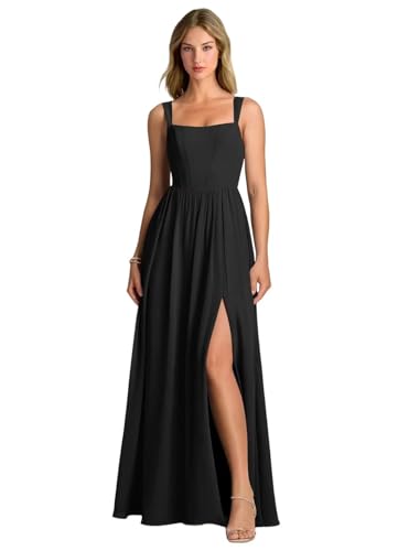 Damen Chiffon Ballkleider Lang Hohe Taille Spaghettiträgern Brautjungfernkleid A-Linie Abendkleid mit Schlitz von Eossvifer