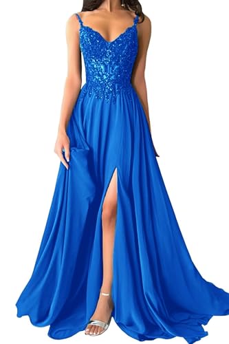 Damen Chiffon Ballkleider Lang V-Ausschnitt Spitzenapplikationen Brautjungfernkleid A-Linie Abendkleider mit Schlitz von Eossvifer