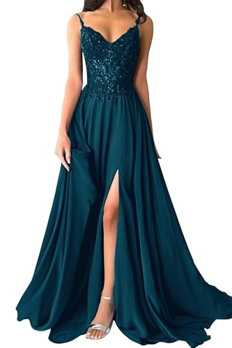 Damen Chiffon Ballkleider Lang V-Ausschnitt Spitzenapplikationen Brautjungfernkleid A-Linie Abendkleider mit Schlitz von Eossvifer