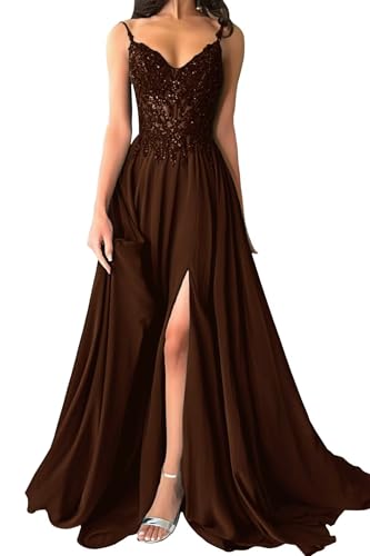 Damen Chiffon Ballkleider Lang V-Ausschnitt Spitzenapplikationen Brautjungfernkleid A-Linie Abendkleider mit Schlitz von Eossvifer