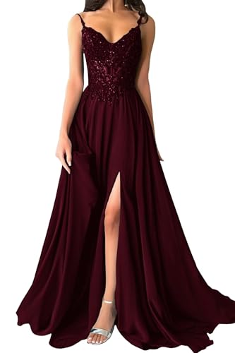 Damen Chiffon Ballkleider Lang V-Ausschnitt Spitzenapplikationen Brautjungfernkleid A-Linie Abendkleider mit Schlitz von Eossvifer