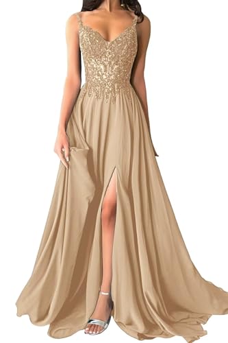 Damen Chiffon Ballkleider Lang V-Ausschnitt Spitzenapplikationen Brautjungfernkleid A-Linie Abendkleider mit Schlitz von Eossvifer