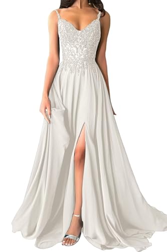 Damen Chiffon Ballkleider Lang V-Ausschnitt Spitzenapplikationen Brautjungfernkleid A-Linie Abendkleider mit Schlitz von Eossvifer