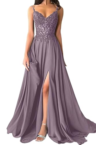 Damen Chiffon Ballkleider Lang V-Ausschnitt Spitzenapplikationen Brautjungfernkleid A-Linie Abendkleider mit Schlitz von Eossvifer