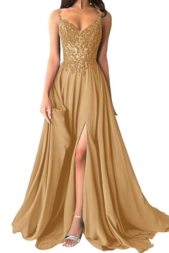 Damen Chiffon Ballkleider Lang V-Ausschnitt Spitzenapplikationen Brautjungfernkleid A-Linie Abendkleider mit Schlitz von Eossvifer