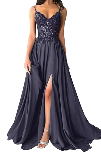 Damen Chiffon Ballkleider Lang V-Ausschnitt Spitzenapplikationen Brautjungfernkleid A-Linie Abendkleider mit Schlitz von Eossvifer