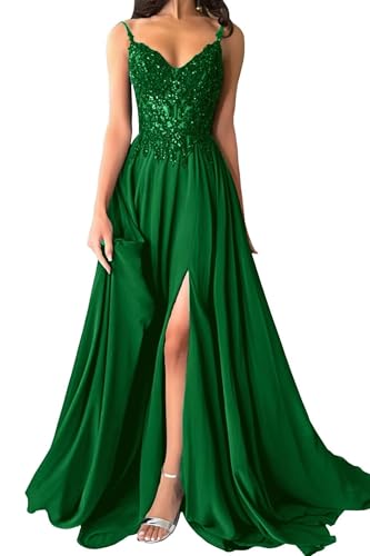 Damen Chiffon Ballkleider Lang V-Ausschnitt Spitzenapplikationen Brautjungfernkleid A-Linie Abendkleider mit Schlitz von Eossvifer