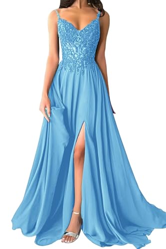 Damen Chiffon Ballkleider Lang V-Ausschnitt Spitzenapplikationen Brautjungfernkleid A-Linie Abendkleider mit Schlitz von Eossvifer