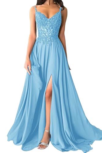 Damen Chiffon Ballkleider Lang V-Ausschnitt Spitzenapplikationen Brautjungfernkleid A-Linie Abendkleider mit Schlitz von Eossvifer