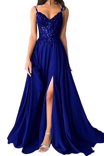 Damen Chiffon Ballkleider Lang V-Ausschnitt Spitzenapplikationen Brautjungfernkleid A-Linie Abendkleider mit Schlitz von Eossvifer