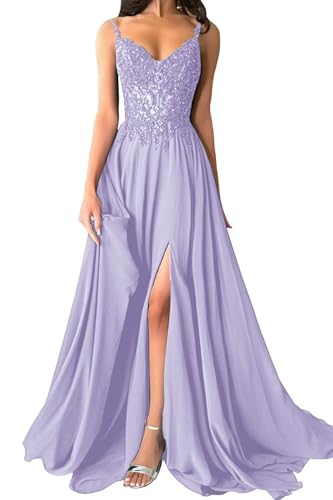 Damen Chiffon Ballkleider Lang V-Ausschnitt Spitzenapplikationen Brautjungfernkleid A-Linie Abendkleider mit Schlitz von Eossvifer