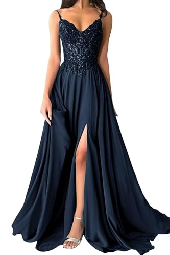 Damen Chiffon Ballkleider Lang V-Ausschnitt Spitzenapplikationen Brautjungfernkleid A-Linie Abendkleider mit Schlitz von Eossvifer