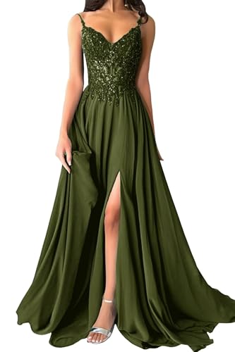 Damen Chiffon Ballkleider Lang V-Ausschnitt Spitzenapplikationen Brautjungfernkleid A-Linie Abendkleider mit Schlitz von Eossvifer