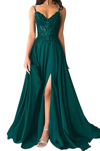 Damen Chiffon Ballkleider Lang V-Ausschnitt Spitzenapplikationen Brautjungfernkleid A-Linie Abendkleider mit Schlitz von Eossvifer