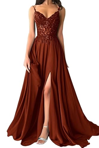Damen Chiffon Ballkleider Lang V-Ausschnitt Spitzenapplikationen Brautjungfernkleid A-Linie Abendkleider mit Schlitz von Eossvifer