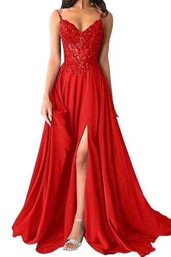 Damen Chiffon Ballkleider Lang V-Ausschnitt Spitzenapplikationen Brautjungfernkleid A-Linie Abendkleider mit Schlitz von Eossvifer