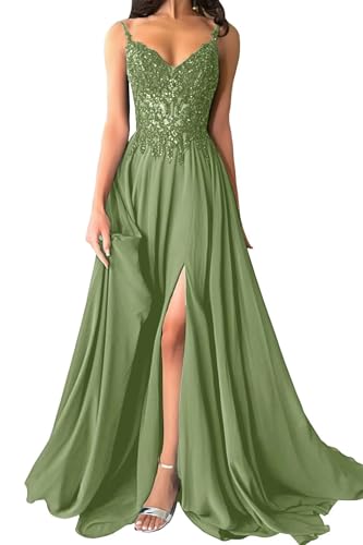Damen Chiffon Ballkleider Lang V-Ausschnitt Spitzenapplikationen Brautjungfernkleid A-Linie Abendkleider mit Schlitz von Eossvifer