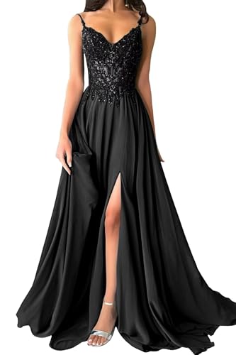 Damen Chiffon Ballkleider Lang V-Ausschnitt Spitzenapplikationen Brautjungfernkleid A-Linie Abendkleider mit Schlitz von Eossvifer