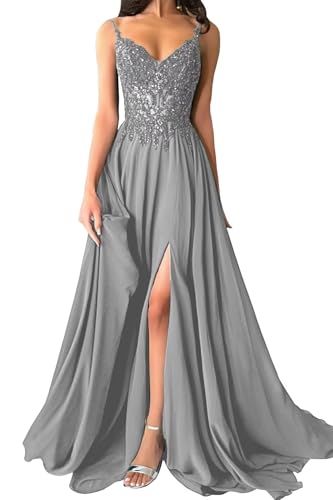 Damen Chiffon Ballkleider Lang V-Ausschnitt Spitzenapplikationen Brautjungfernkleid A-Linie Abendkleider mit Schlitz von Eossvifer
