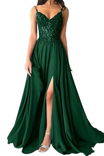 Damen Chiffon Ballkleider Lang V-Ausschnitt Spitzenapplikationen Brautjungfernkleid A-Linie Abendkleider mit Schlitz von Eossvifer