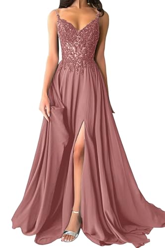 Damen Chiffon Ballkleider Lang V-Ausschnitt Spitzenapplikationen Brautjungfernkleid A-Linie Abendkleider mit Schlitz von Eossvifer