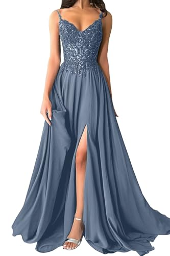 Damen Chiffon Ballkleider Lang V-Ausschnitt Spitzenapplikationen Brautjungfernkleid A-Linie Abendkleider mit Schlitz von Eossvifer