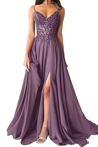 Damen Chiffon Ballkleider Lang V-Ausschnitt Spitzenapplikationen Brautjungfernkleid A-Linie Abendkleider mit Schlitz von Eossvifer