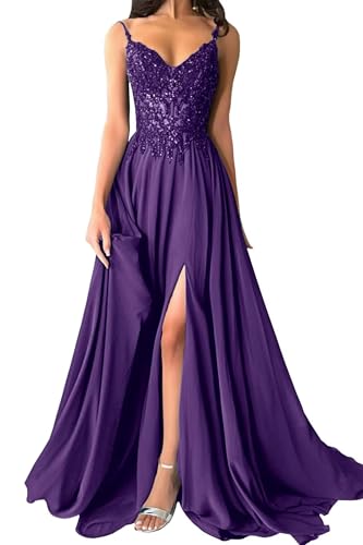 Damen Chiffon Ballkleider Lang V-Ausschnitt Spitzenapplikationen Brautjungfernkleid A-Linie Abendkleider mit Schlitz von Eossvifer