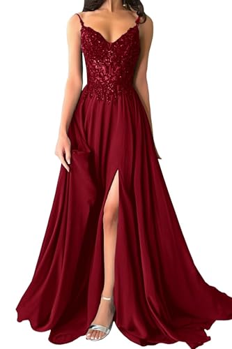Damen Chiffon Ballkleider Lang V-Ausschnitt Spitzenapplikationen Brautjungfernkleid A-Linie Abendkleider mit Schlitz Damen Chiffon Ballkleider Lang V-Ausschnitt Spitzenapplikationen Brautjungfernkleid A-Linie Abendkleider mit Schlitz von Eossvifer
