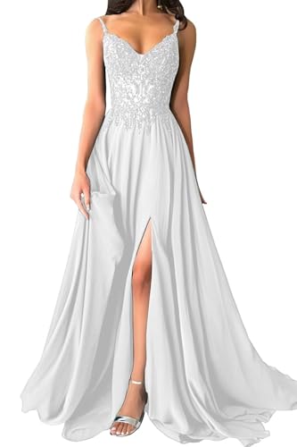 Damen Chiffon Ballkleider Lang V-Ausschnitt Spitzenapplikationen Brautjungfernkleid A-Linie Abendkleider mit Schlitz von Eossvifer