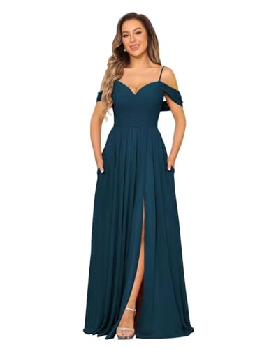 Damen Off Shoulder Chiffon Brautjungfernkleider Lange V-Ausschnitt Ballkleider A Linie Abendkleid mit Schlitz Damen Off Shoulder Chiffon Brautjungfernkleider Lange V-Ausschnitt Ballkleider A Linie Abendkleid mit Schlitz von Eossvifer